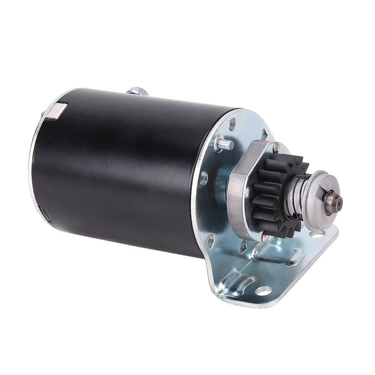 Black starter motor with metal mounting bracket and pinion gear on front plate