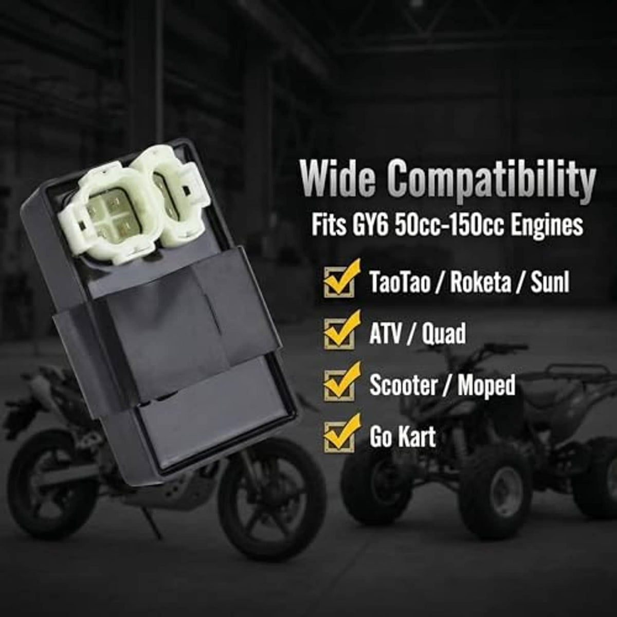 Black CDI control box with white 6-pin connector plug, ready to mount