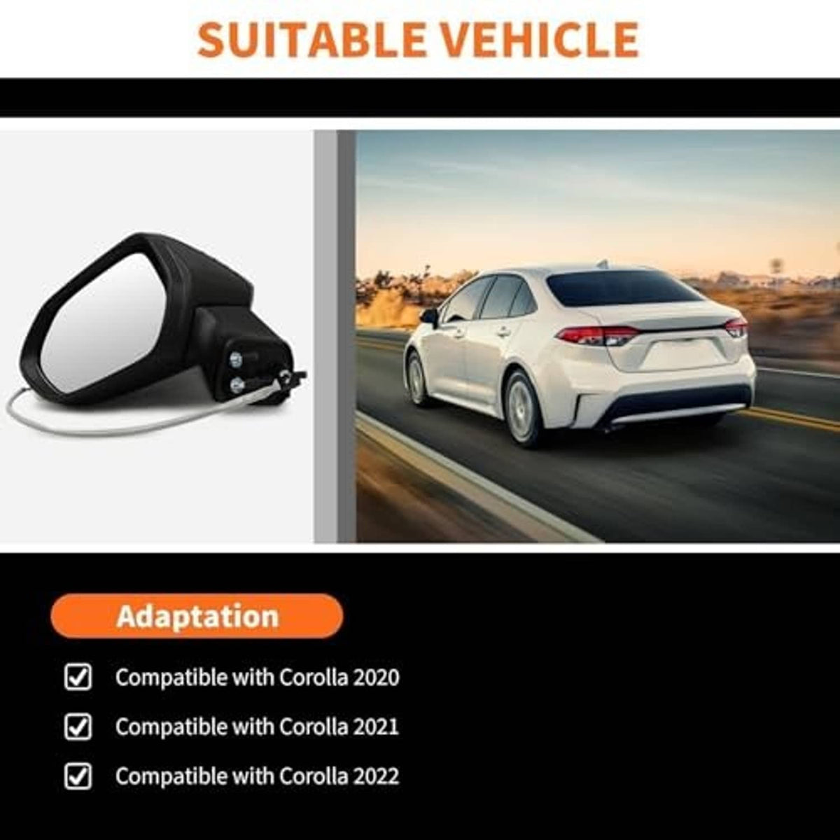 Black left side mirror assembly shown with reflective glass and mounting connectors