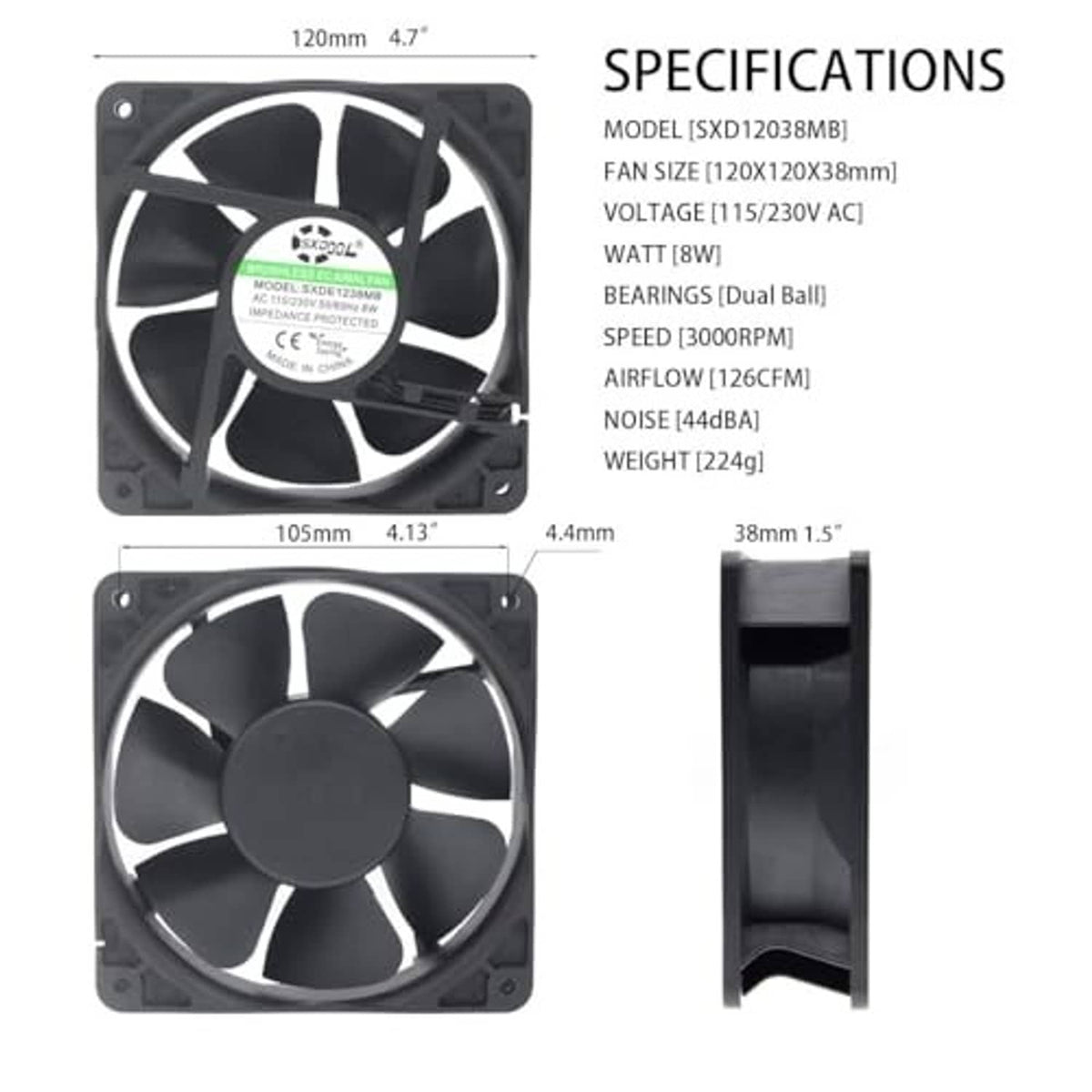 Black 120mm cooling fan with side profile view and size dimension callouts