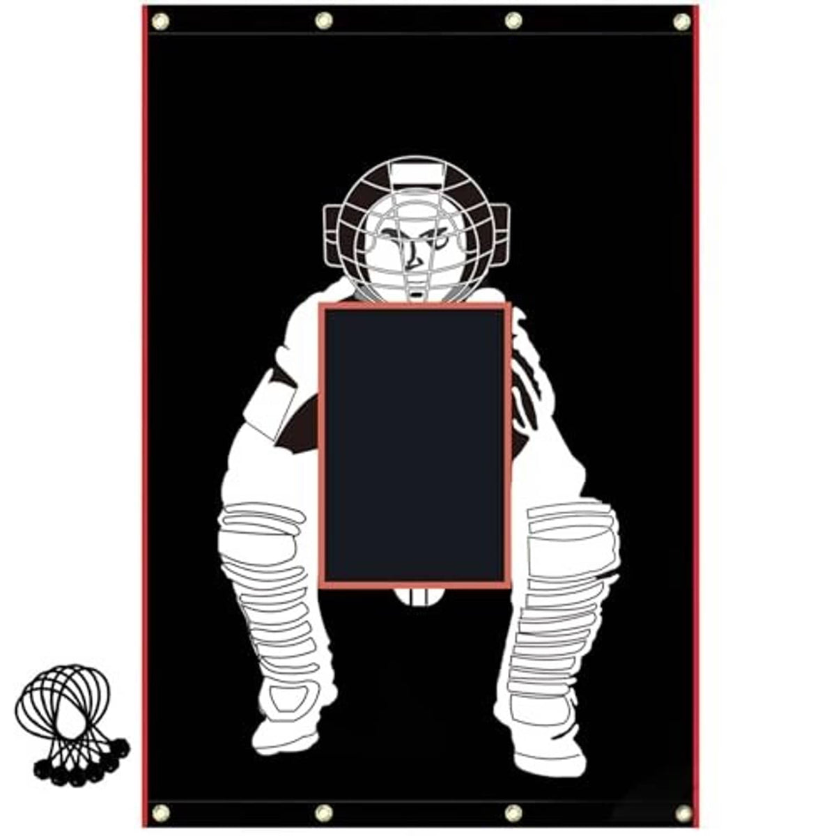 Strike zone batting target panel, black PVC with red border and catcher graphic