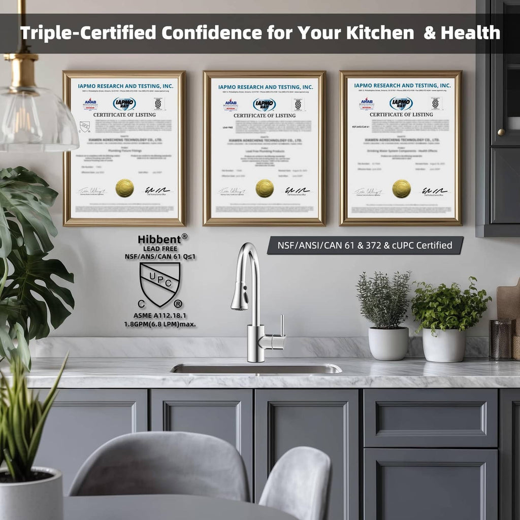 Chrome kitchen faucet over sink with household countertop and wall certificates