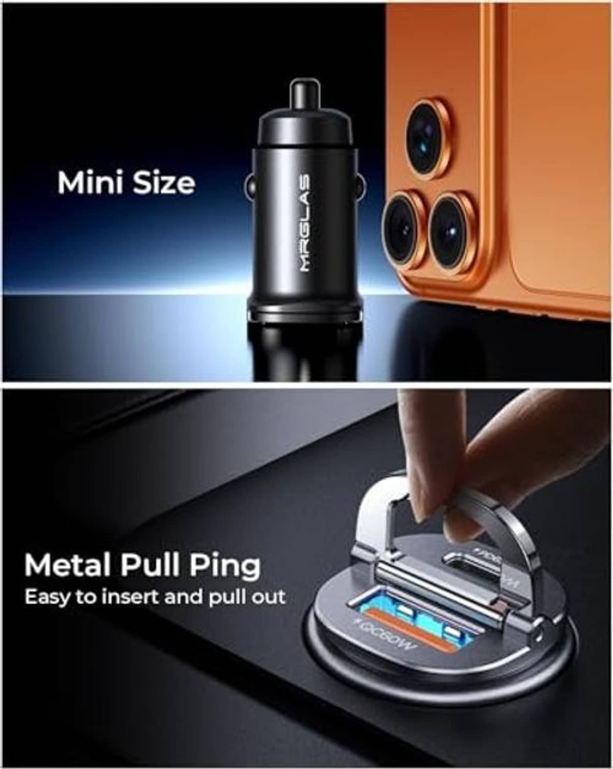 Mini black USB-C car charger with metal pull-pin design and braided Type-C cable