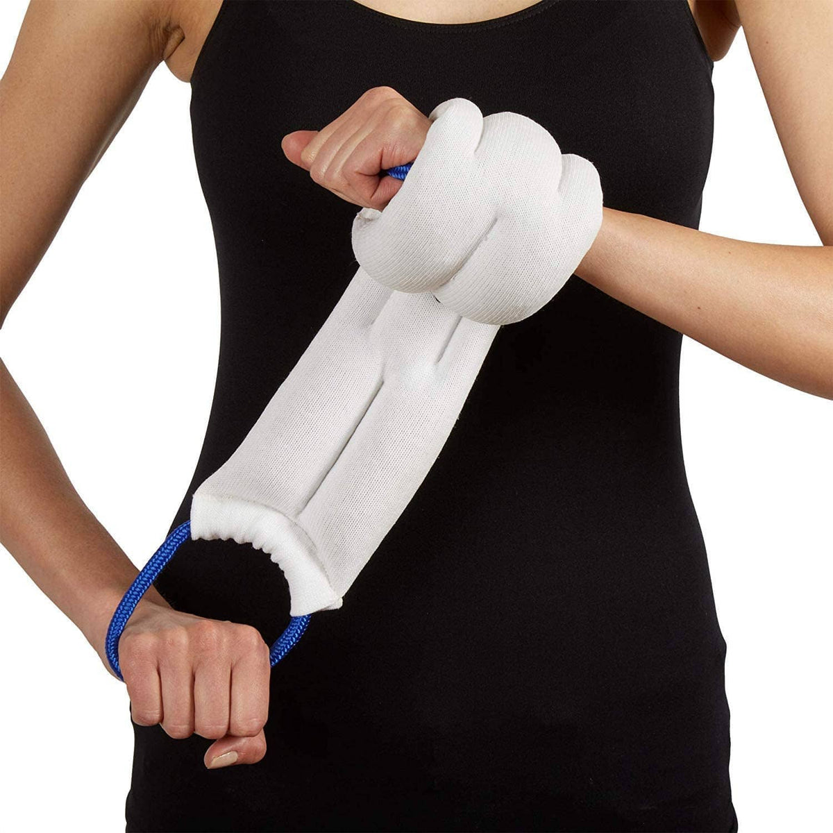 White neck wrap wrapped around the upper arm with blue cord ends