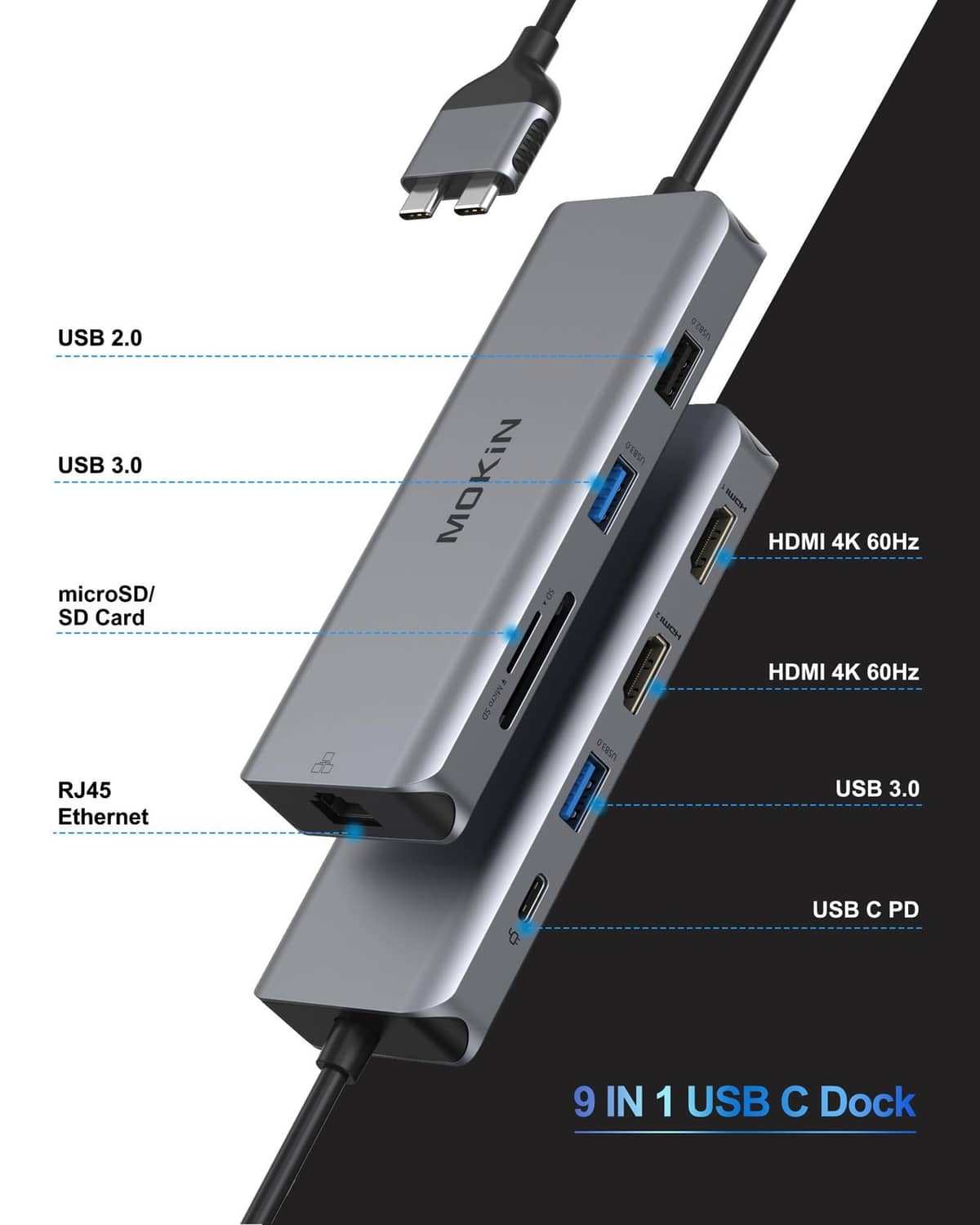 Grey USB-C docking station with USB, dual HDMI, SD/microSD and RJ45 Ethernet ports