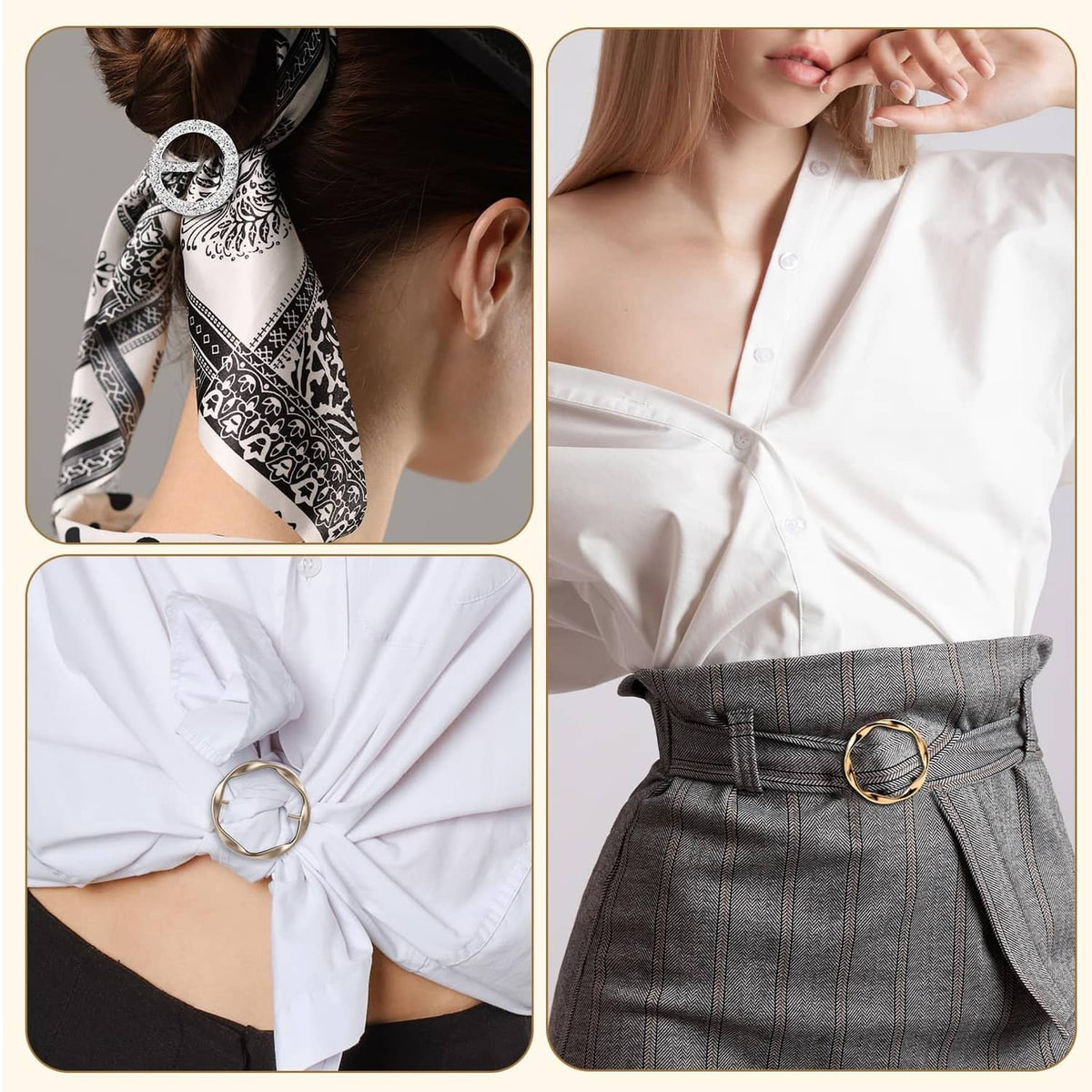 Silver and gold scarf rings worn with patterned and white button-up shirts