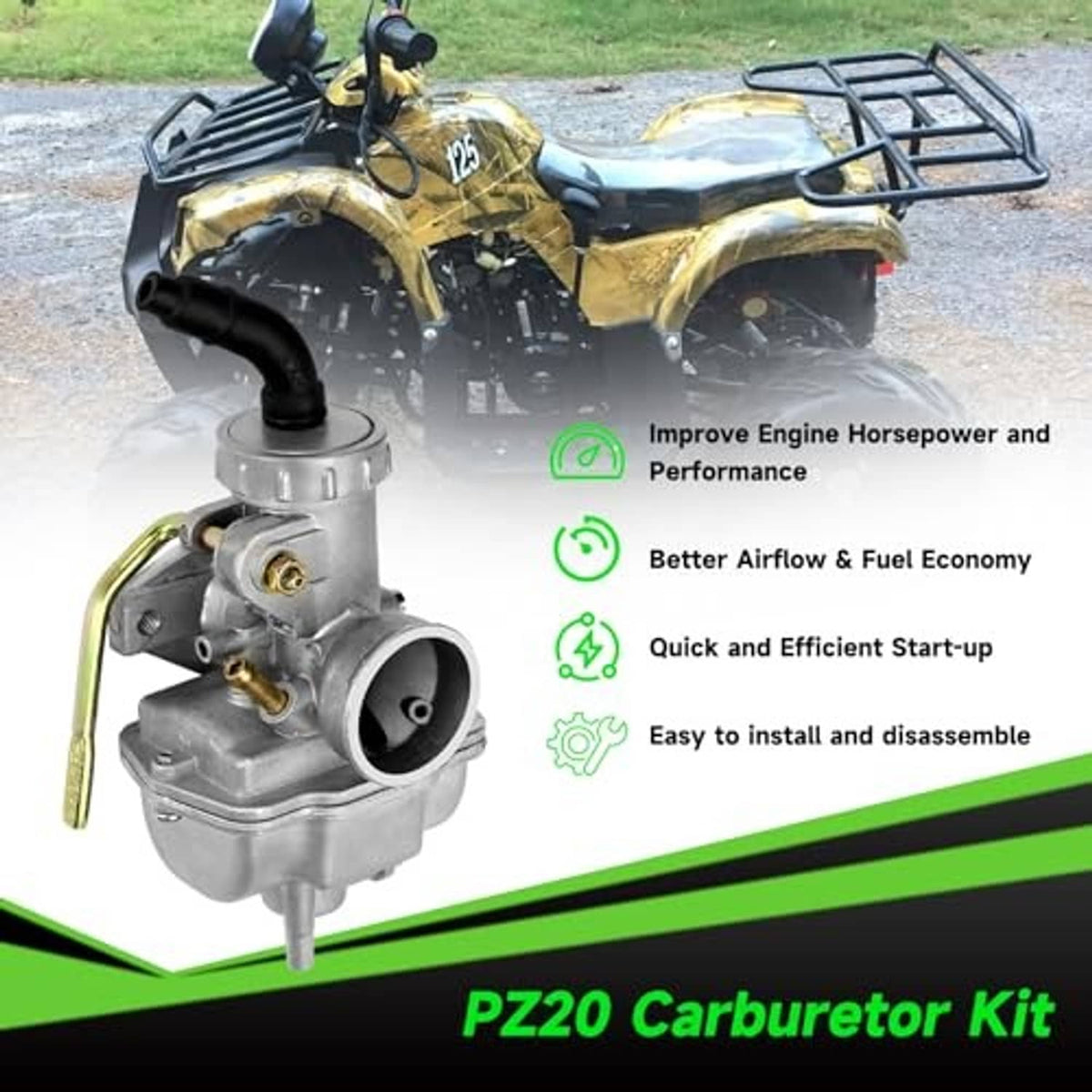 Carburetor assembly with intake and air hose shown near an ATV