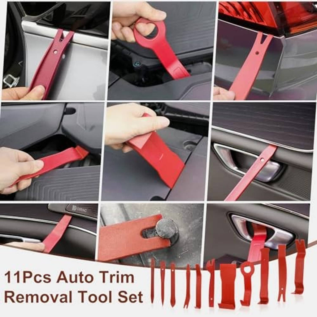 Red trim pry tool shown loosening car door panel trim and fasteners