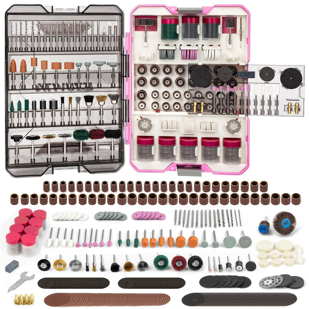 Pink rotary tool accessories kit case with sanding, cutting, drilling and polishing bits
