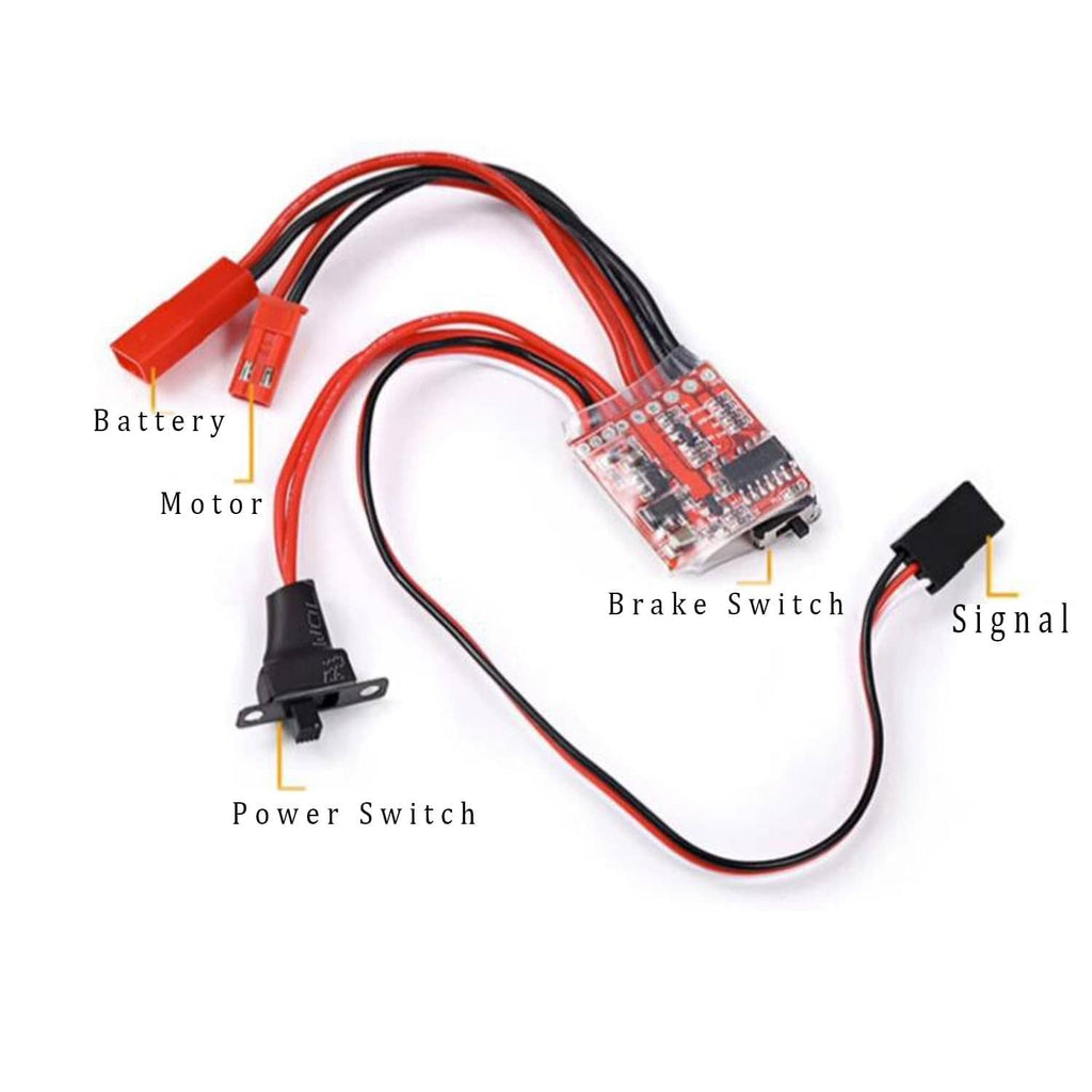 Brushed RC ESC wiring with battery, motor, power switch, brake switch, signal connectors