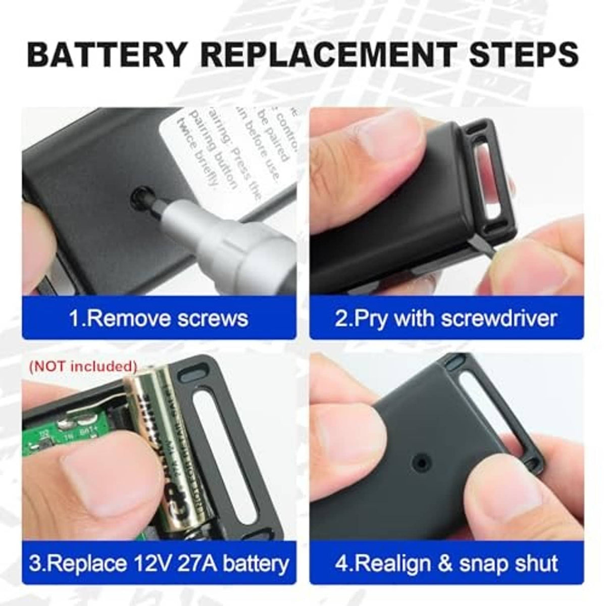 Remote control battery replacement steps showing opened compartment and 12V battery