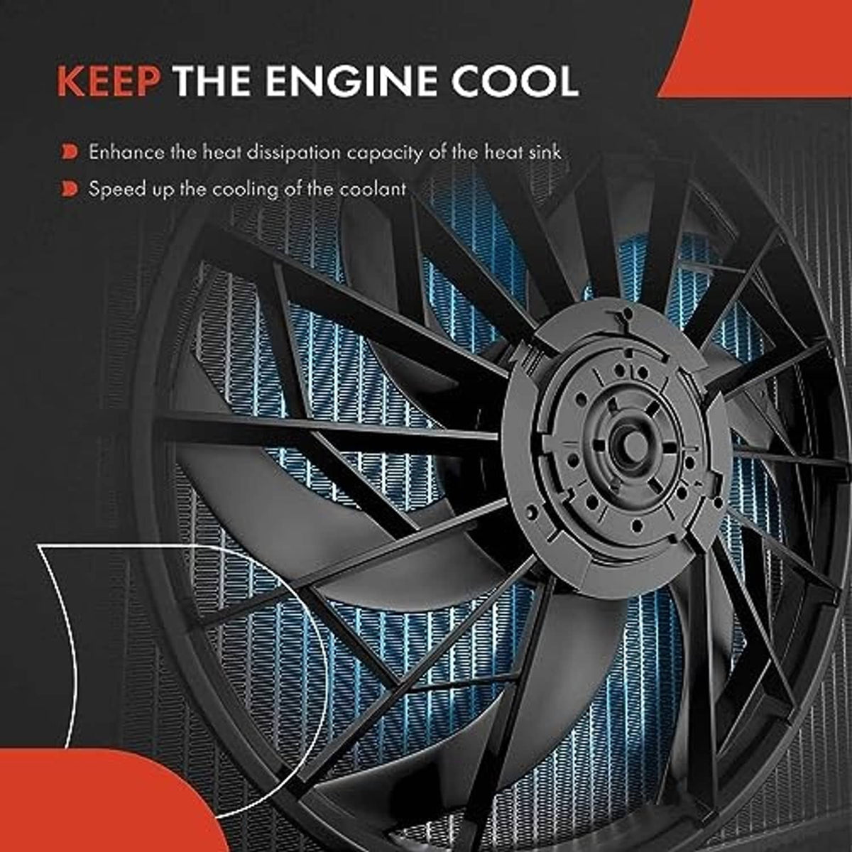 Black radiator cooling fan with hub and blades behind radiator fins, blue airflow lines