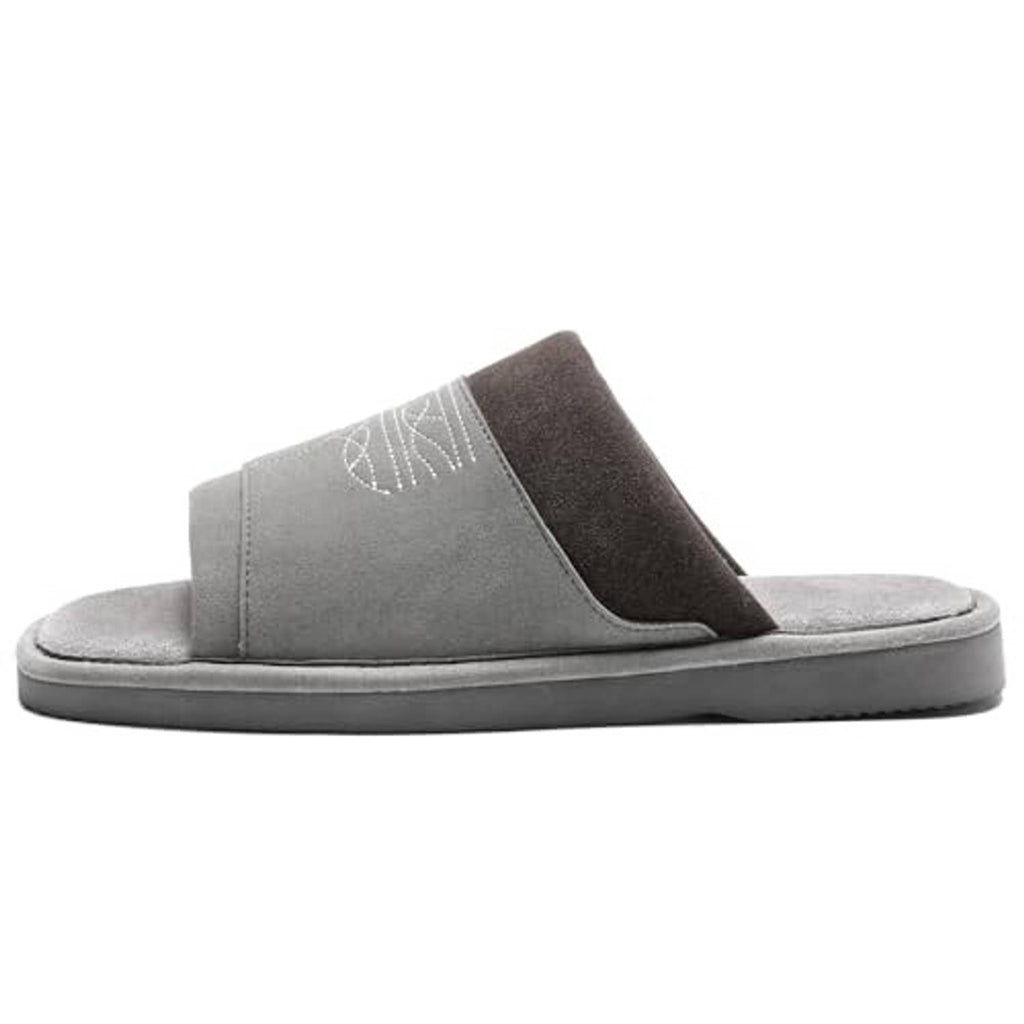 Grey men's open-toe suede slide slippers, square toe, western embroidery—side view