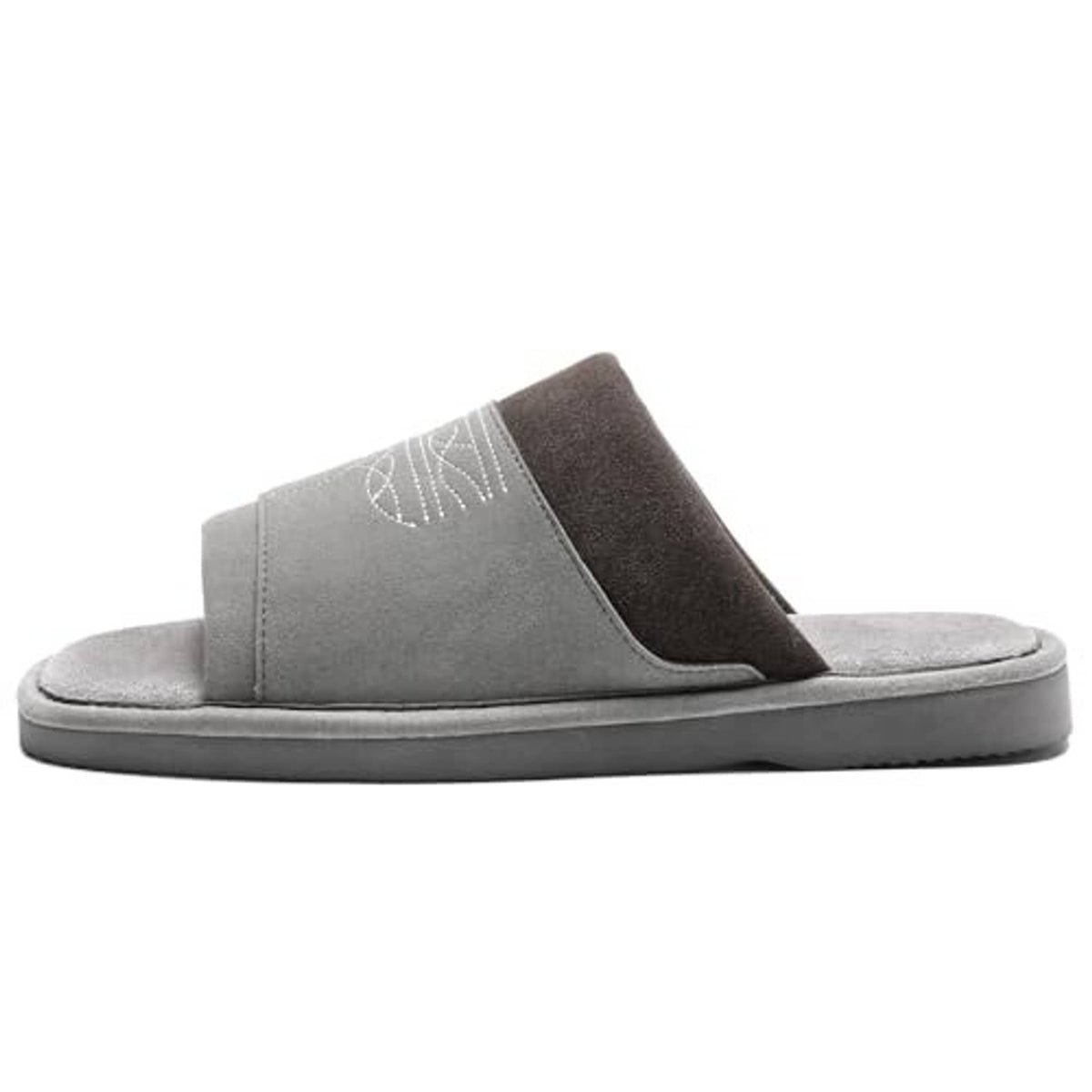 Grey men's open-toe suede slide slippers, square toe, western embroidery—side view