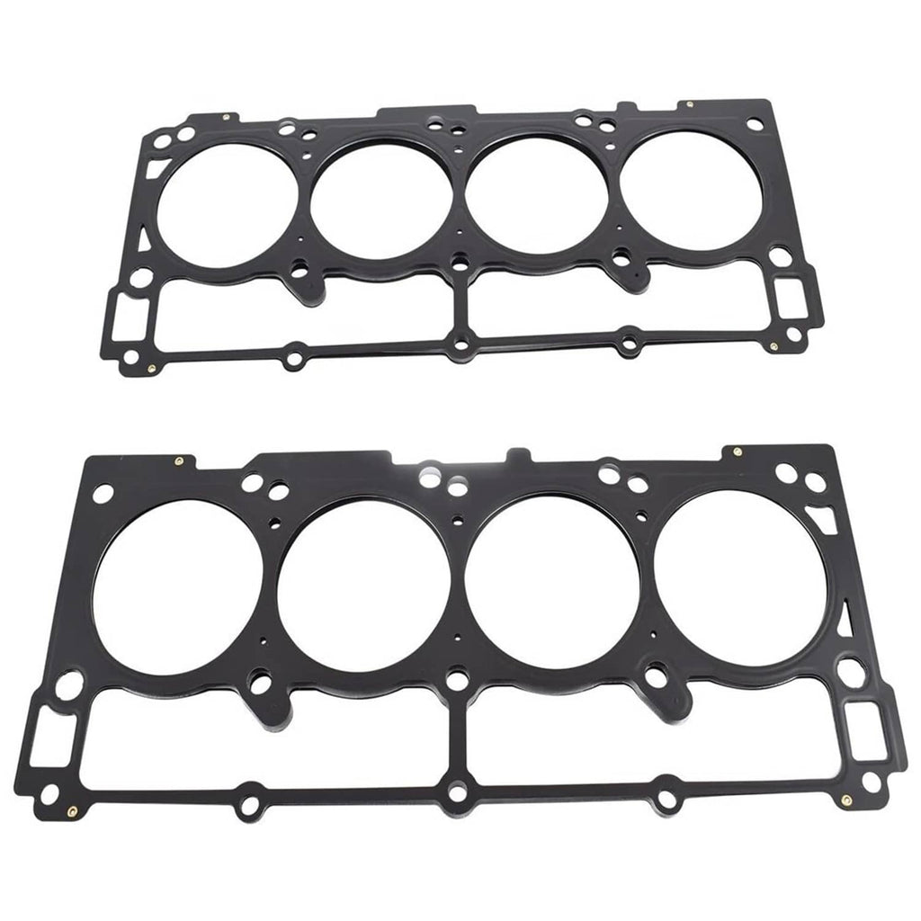 Pair of cylinder head gaskets with circular ports and bolt holes in black