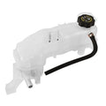 White engine coolant reservoir overflow tank with black cap and attached black hose