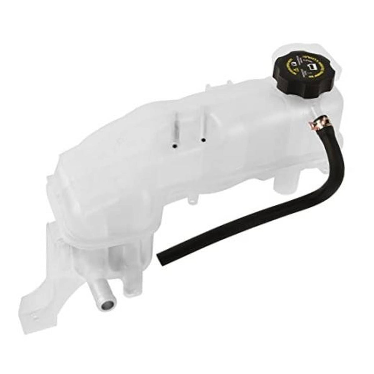 White engine coolant reservoir overflow tank with black cap and attached black hose