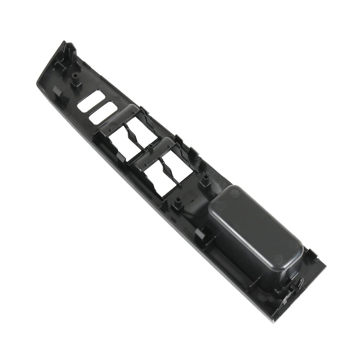 Back side of left window switch bezel trim cover with mounting tabs, dark gray.