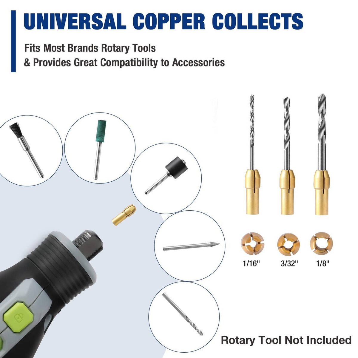 Universal copper collets set with compatible rotary tool collet sizes and shank ends