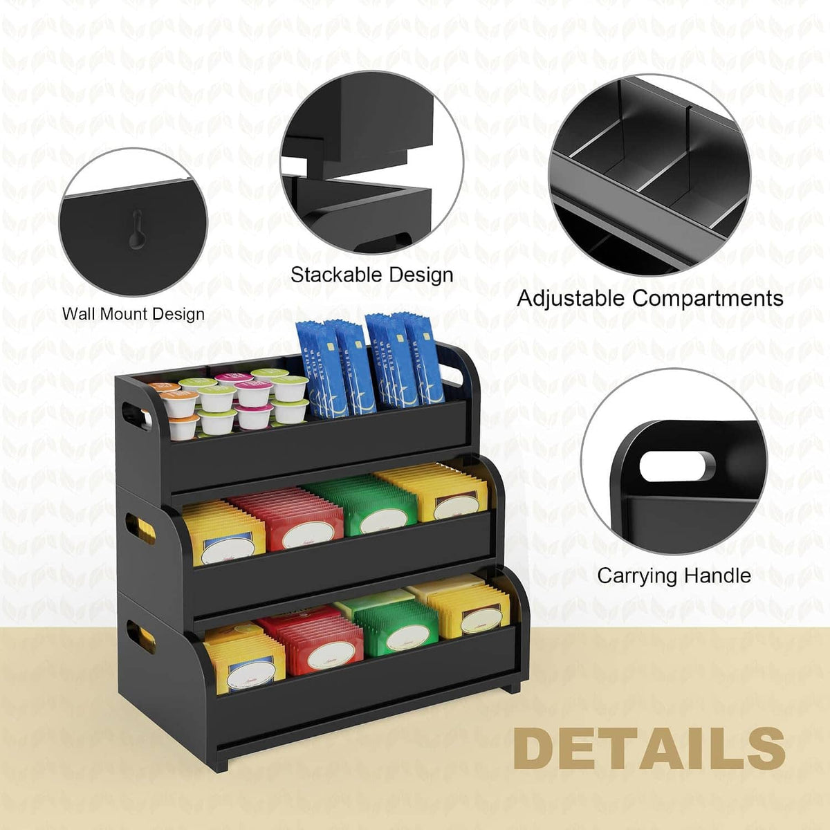 Black tea bag organizer with stackable design, adjustable compartments, and handle