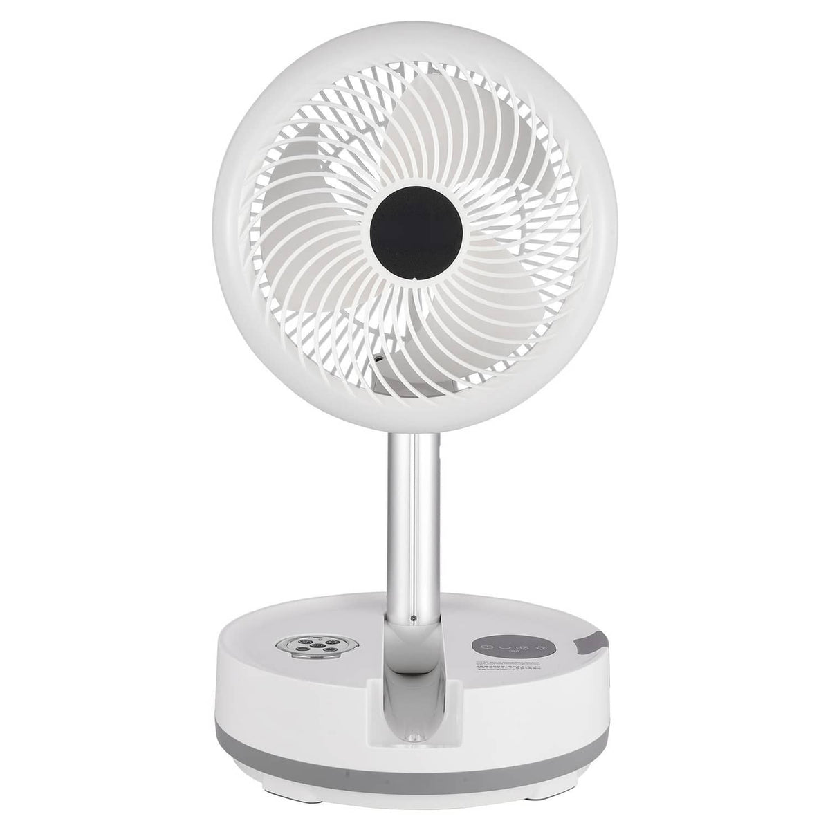 White foldable rechargeable oscillating fan with circular grille and stand base
