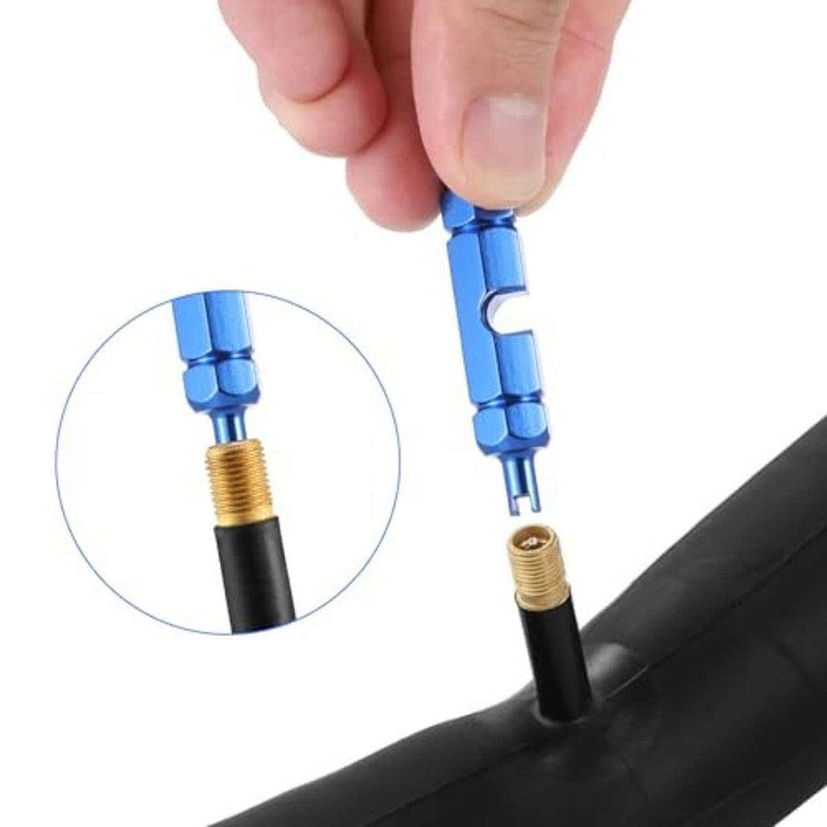 Blue valve core remover tool on a brass valve stem, with close-up inset