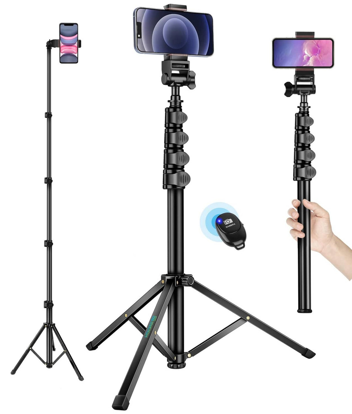 Black phone tripod selfie stick with adjustable legs, phone clamp, and wireless remote