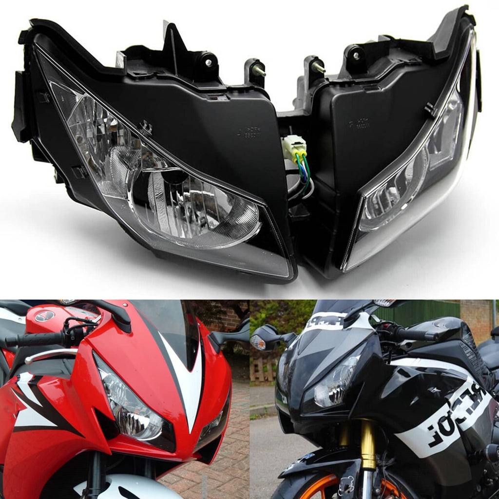 Motorcycle headlight assembly angled view with dual clear lenses and black mounts