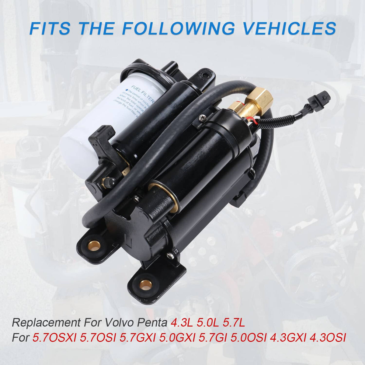 Electric fuel pump assembly with black hoses, brass fitting, and mounting feet