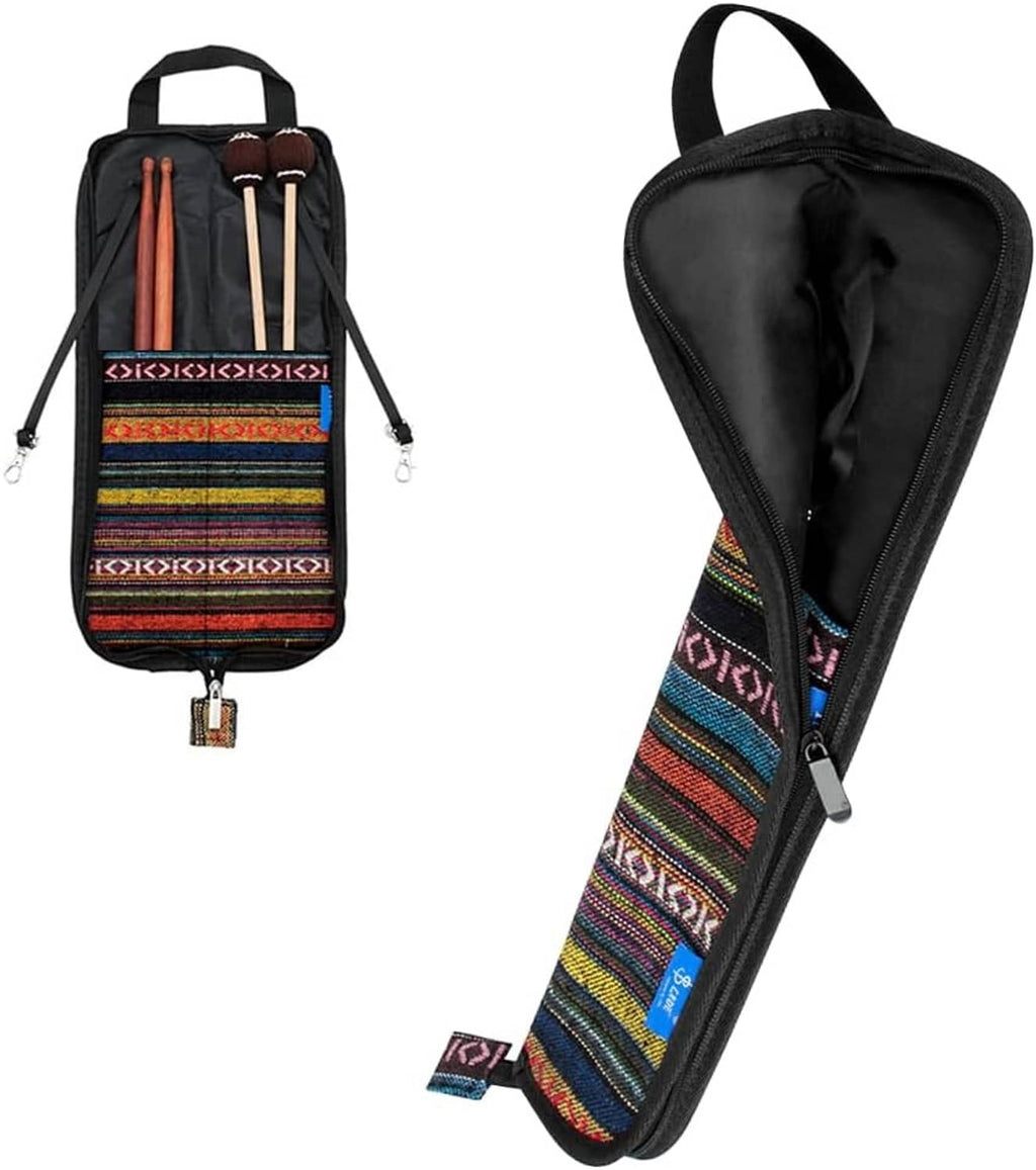Drum stick holder bag with black case and multicolor woven front panel, with straps.