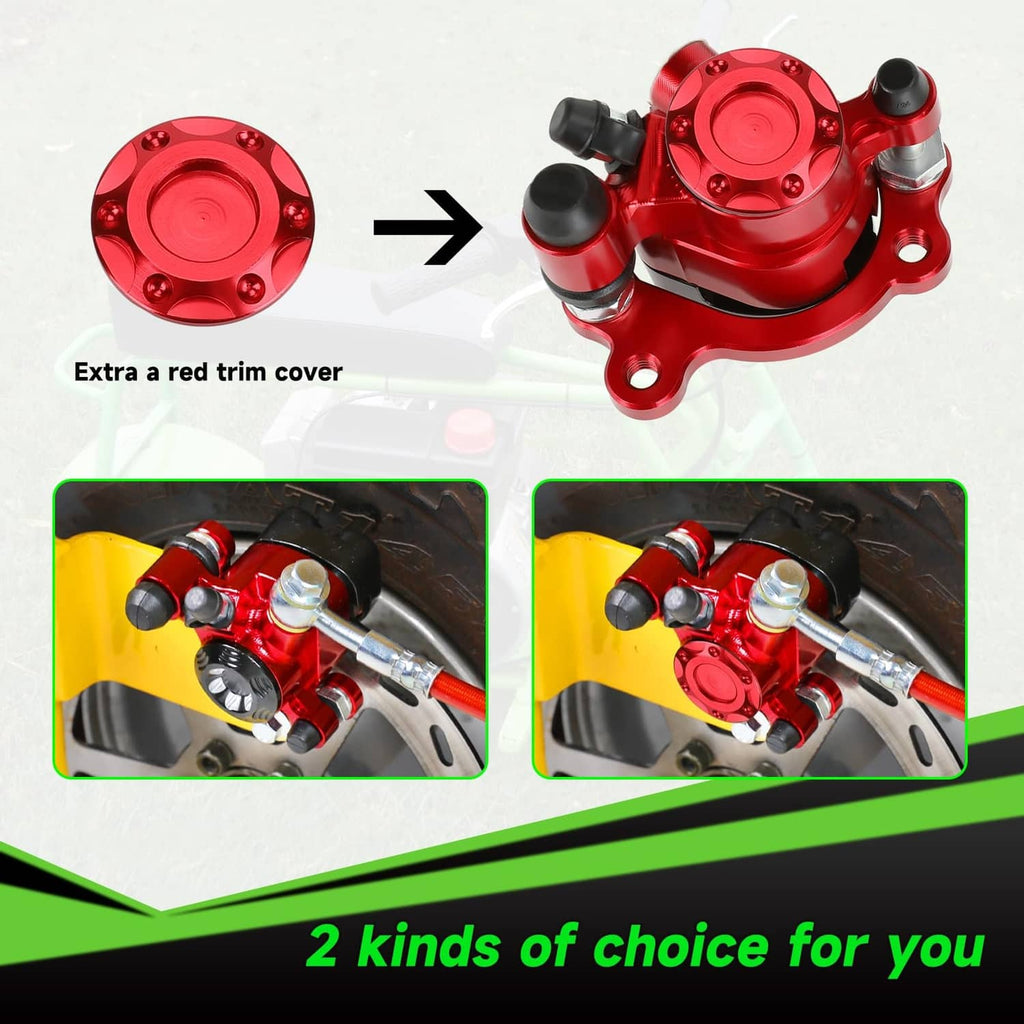 Red hydraulic brake caliper with extra red trim cover and mounting hardware