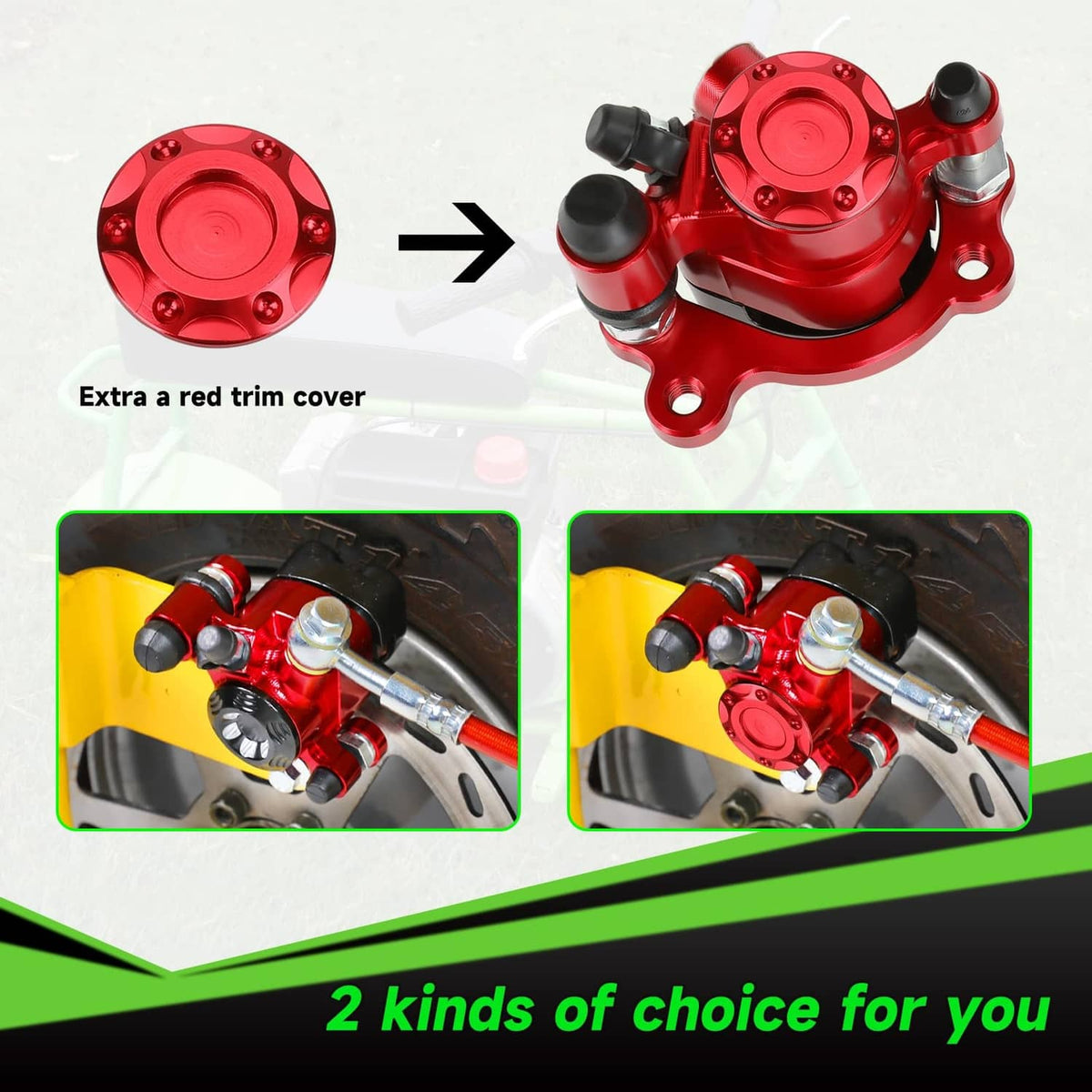 Red hydraulic brake caliper with extra red trim cover and mounting hardware