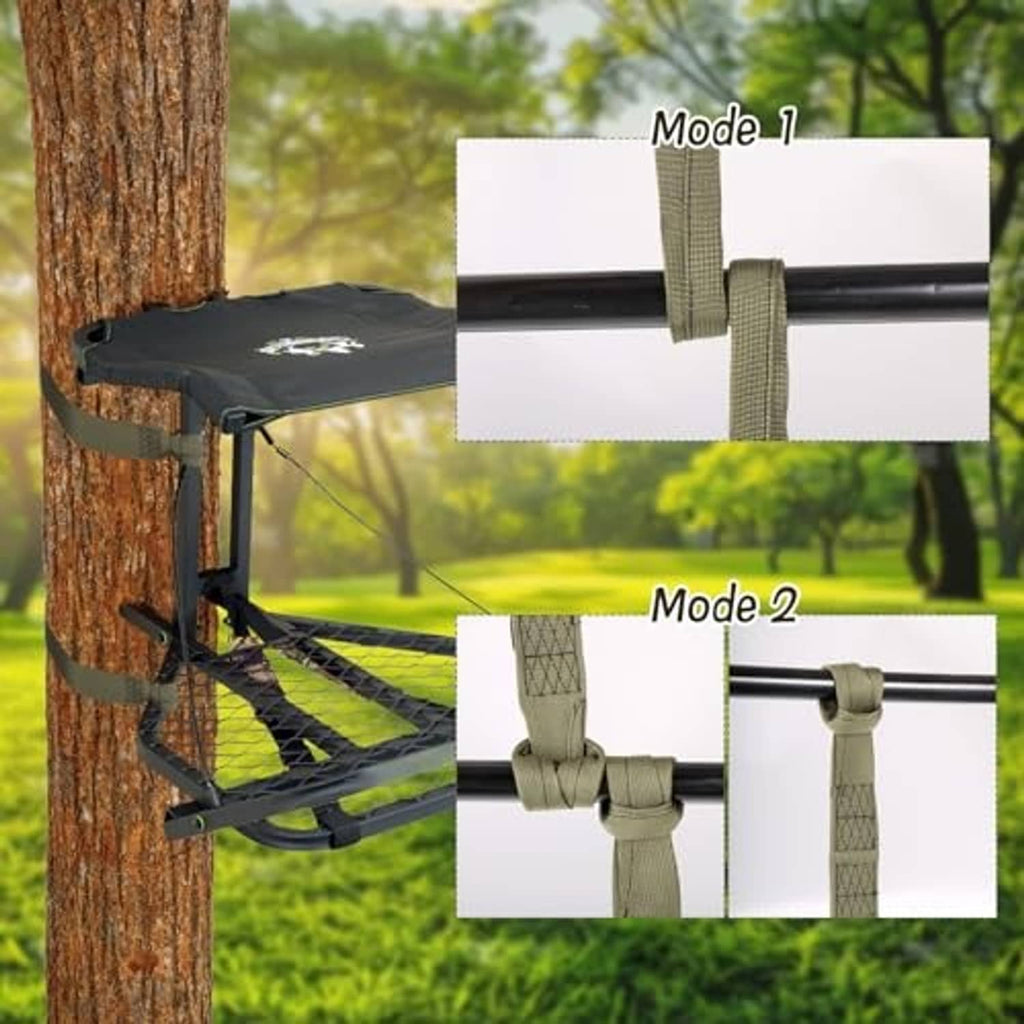 Olive adjustable straps securing a platform to a tree, with buckled ends