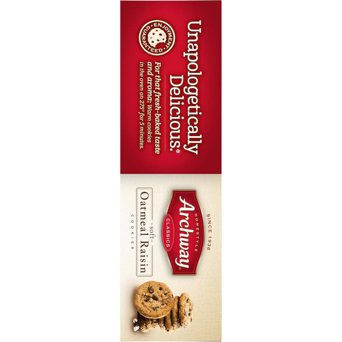 Archway branded oatmeal raisin cookies box side with cookie photo