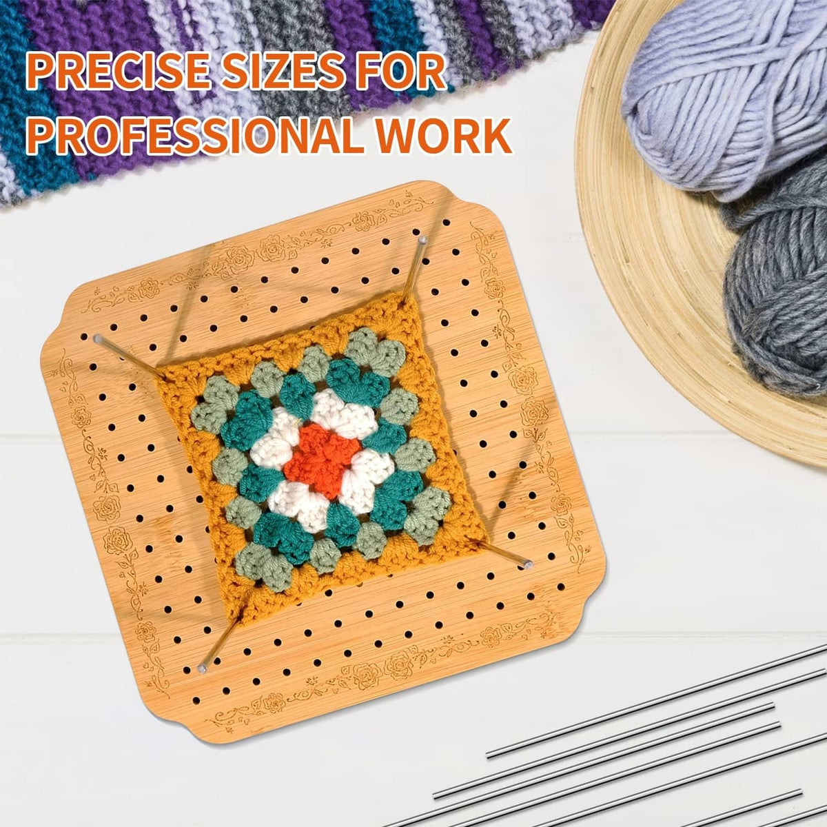 Light tan crochet blocking board holding a multicolor crocheted motif with pins