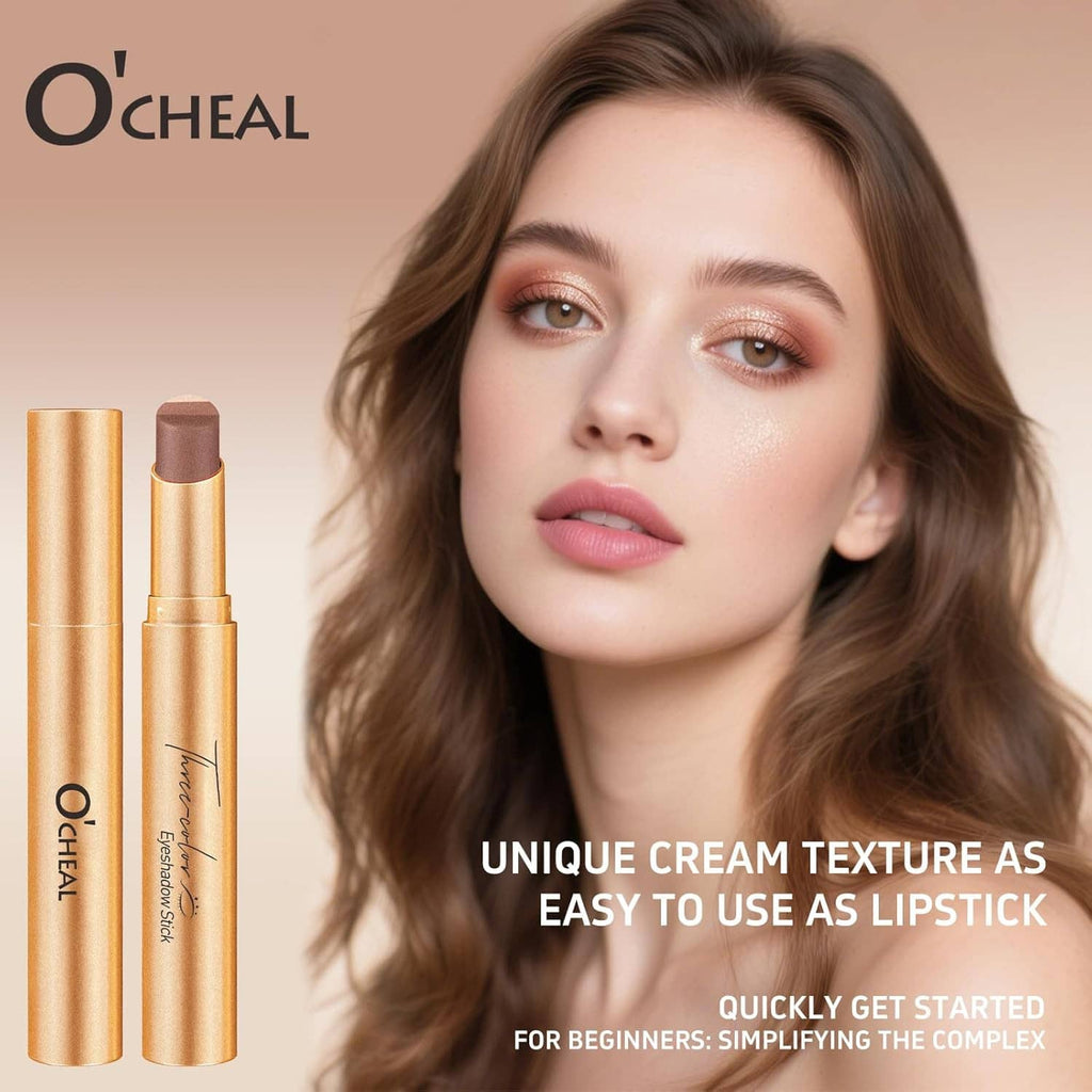 O'CHEAL three-color eyeshadow stick on face, rose-toned shimmer on eyelids