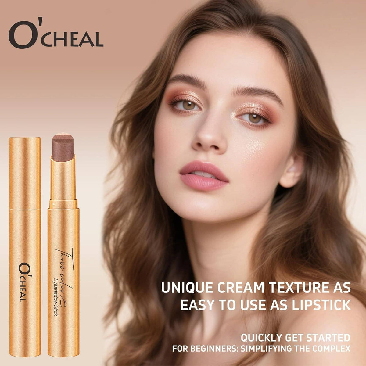 O'CHEAL three-color eyeshadow stick on face, rose-toned shimmer on eyelids