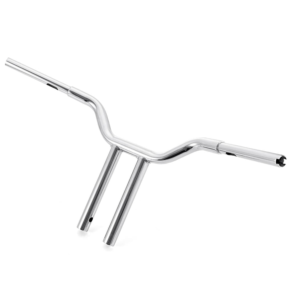 Chrome motorcycle handlebar with angled grips and central vertical risers