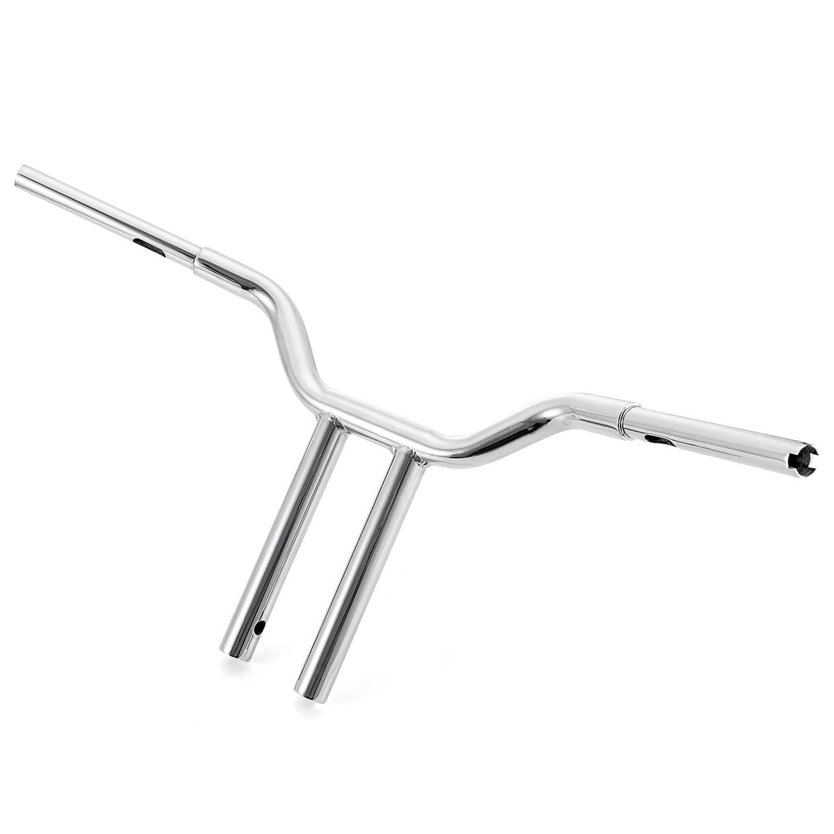 Chrome motorcycle handlebar with angled grips and central vertical risers