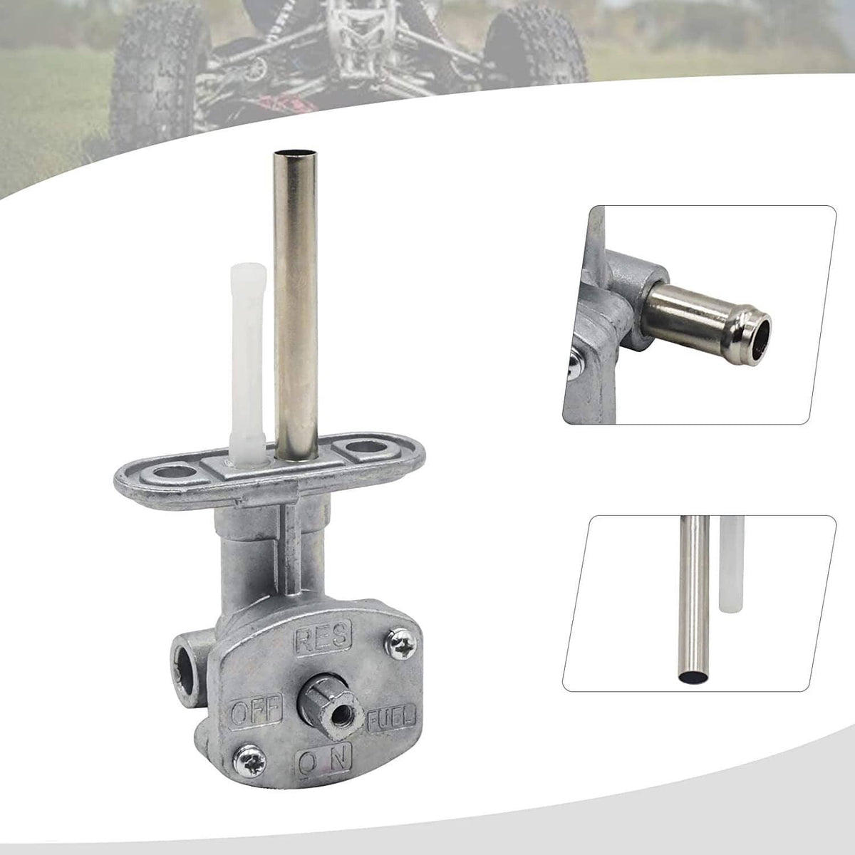 Fuel tank petcock valve with lever stem and side outlet, product detail views