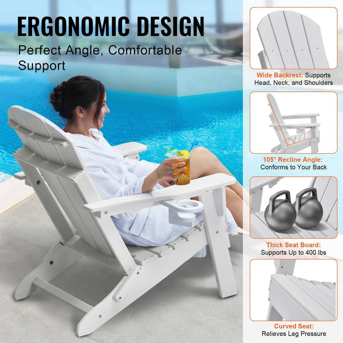 White folding Adirondack chair with wide back support and adjustable reclining angle