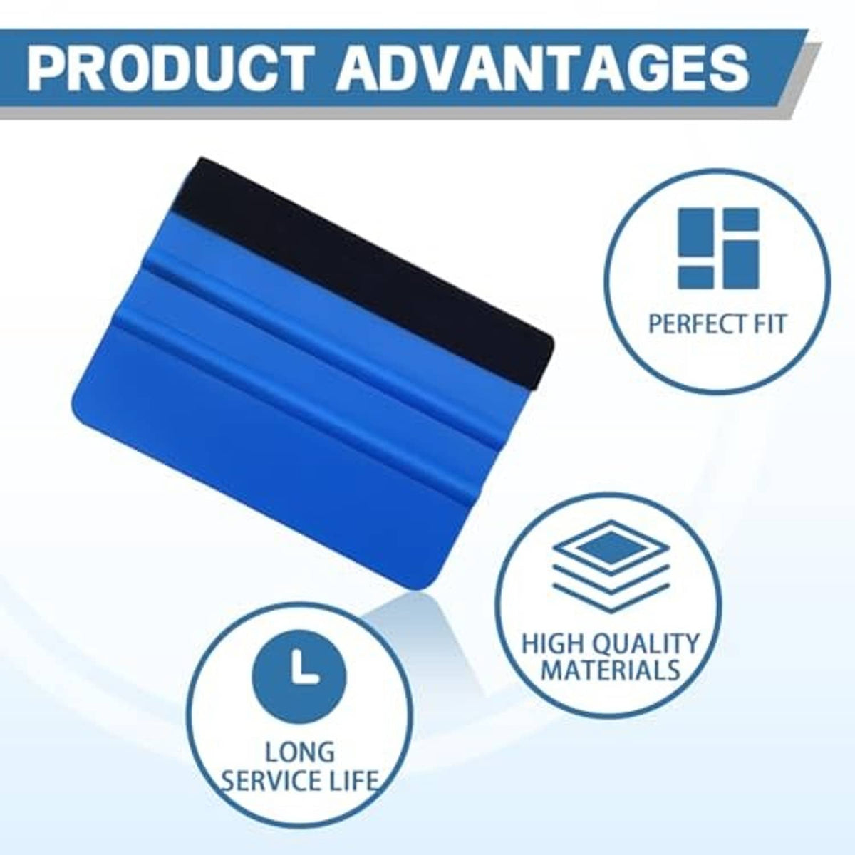 Blue felt edge squeegee scraper with black backing, compact design