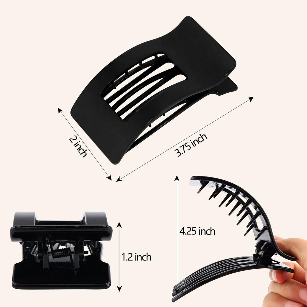 Bright black flat hair clip with comb teeth, shown with size measurement marks