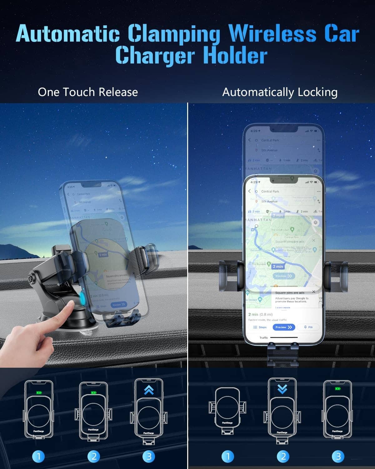 Automatic clamping wireless car charger mount securing a smartphone in cradle