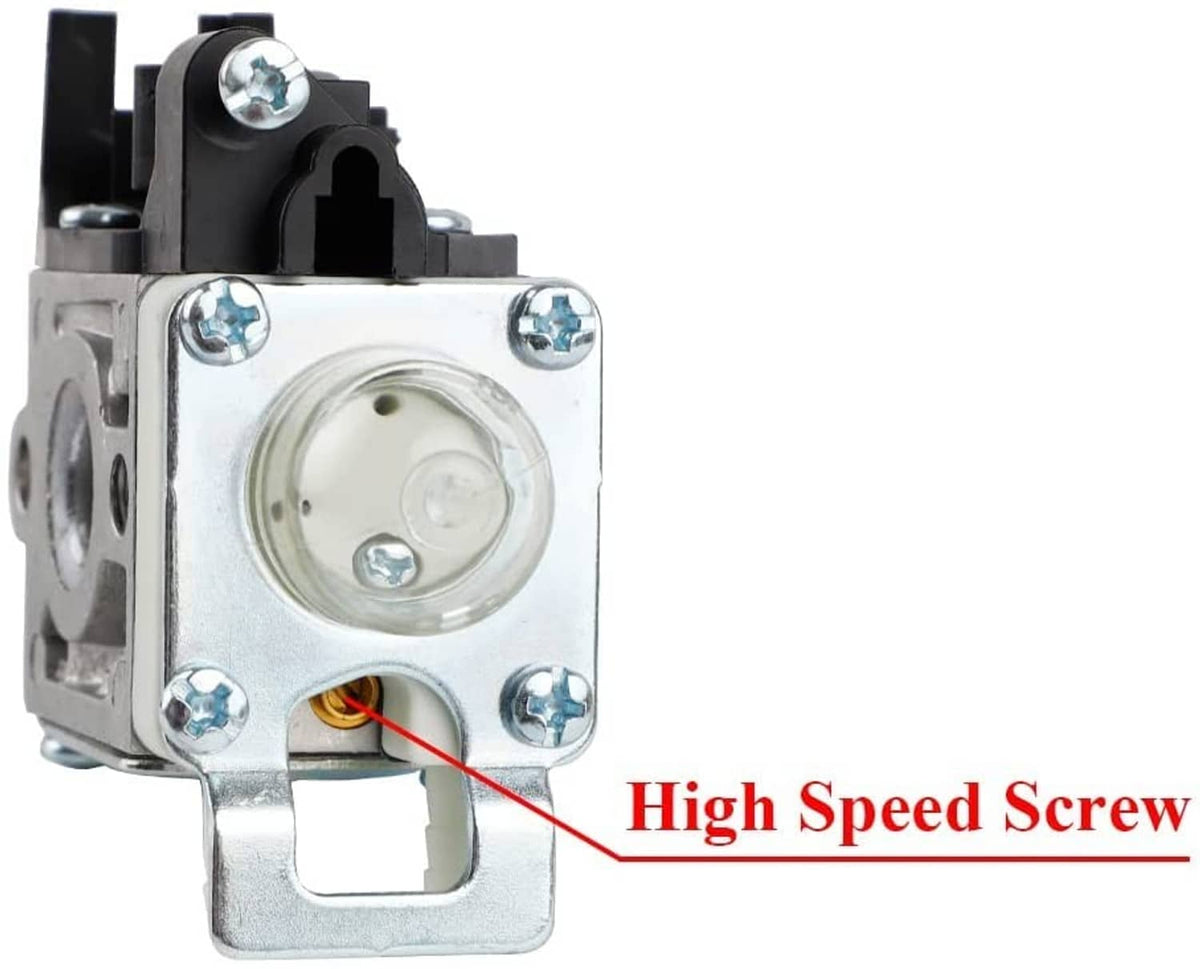 Carburetor housing close-up with screw adjustment and fuel connection