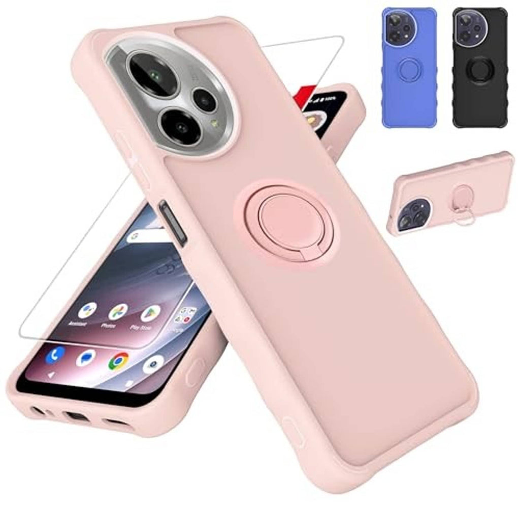 Pink slim phone case with camera cover and circular kickstand, side cutouts visible