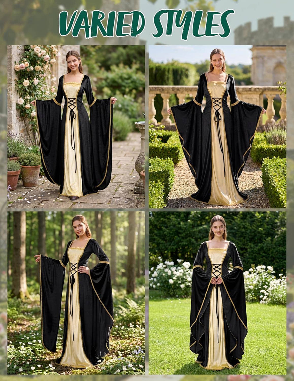 Black velvet renaissance dress with cream satin center, lace-up bodice, and gold-trimmed flowing sleeves