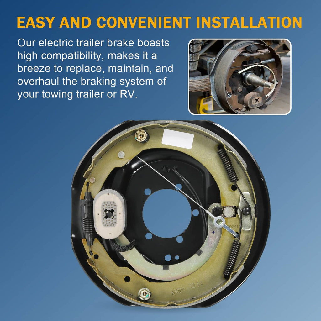 Electric trailer brake backing plate, black backing with olive housing and spring hardware.