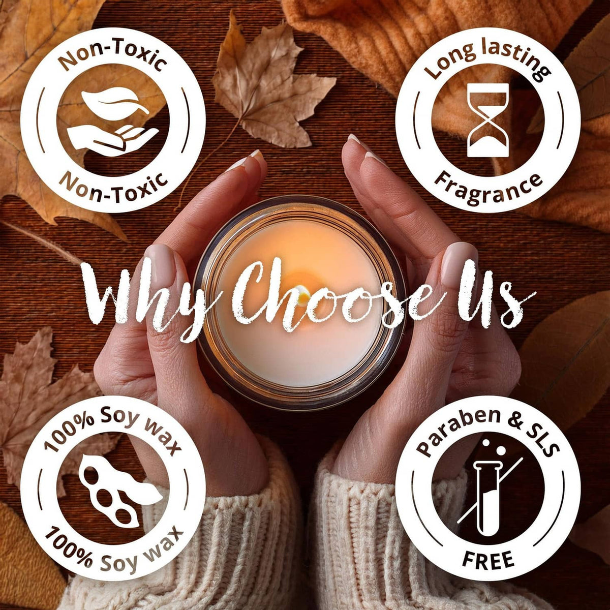 Soy candle in hands with flame; badges for non-toxic and long-lasting fragrance
