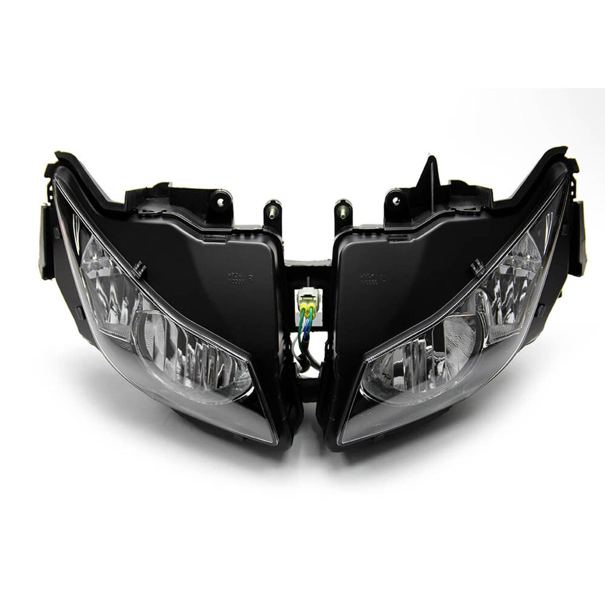Pair of black motorcycle headlights with clear lenses and mounting brackets